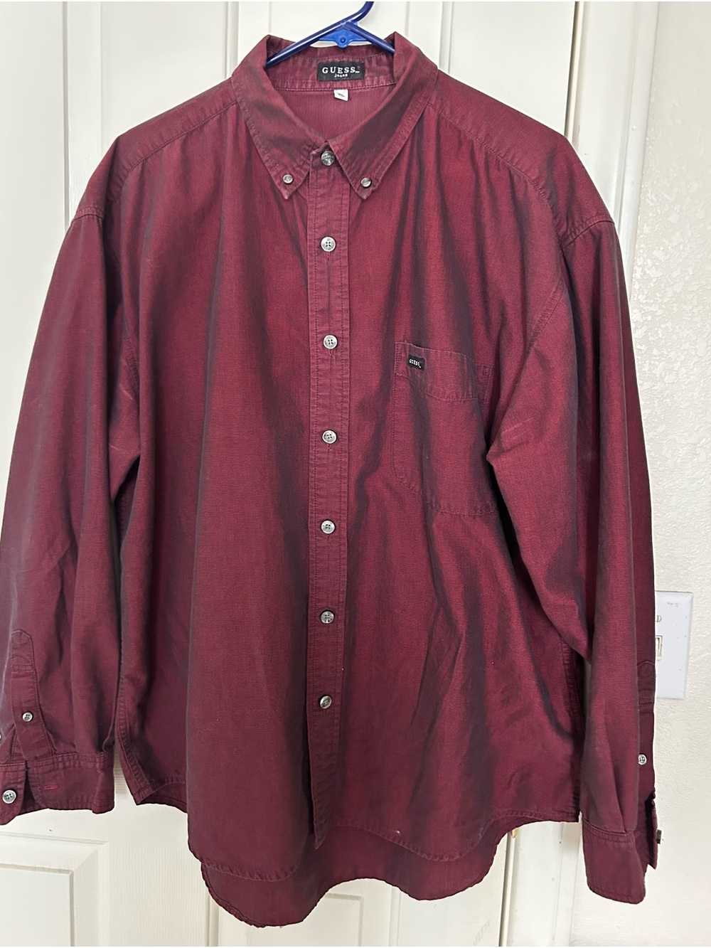 GUESS Men's Long-Sleeve Button-Down Shirt in Deep Burgundy
